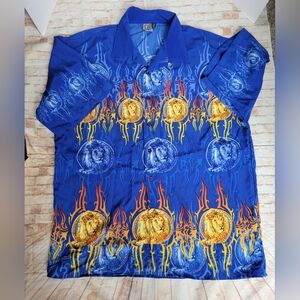 Trust Brand Mens Size 2XL Lion Flames Graphic Print Short Sleeve Button Up Blue